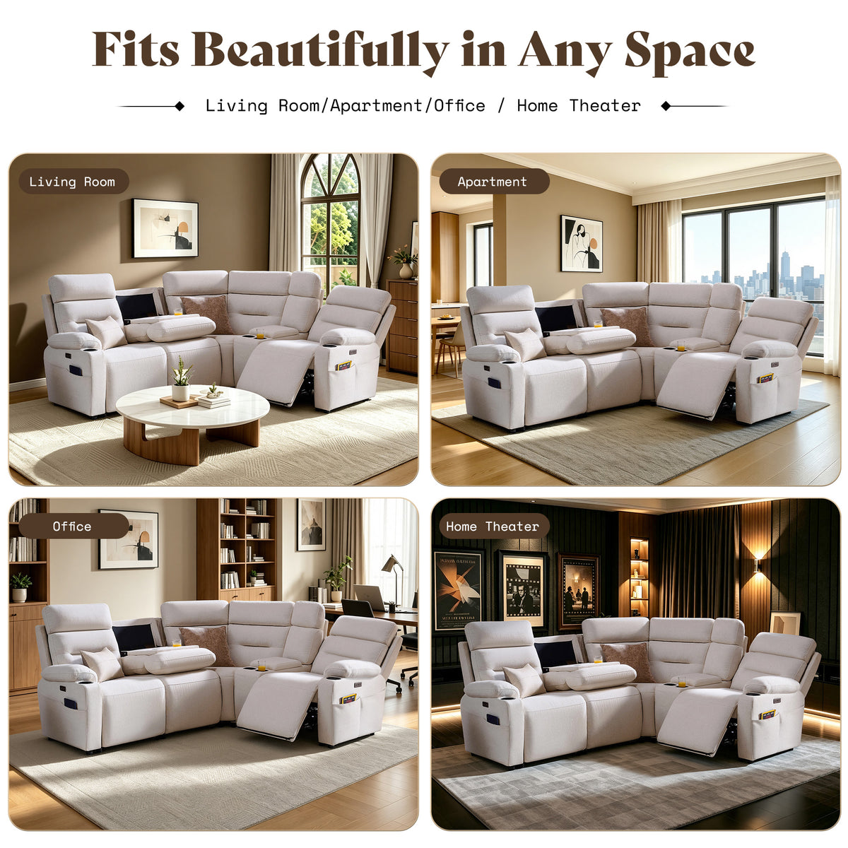L-Shaped Power Reclining Sectional Sofa with Console-4-Seat L-Shaped with Flip Console-Beige