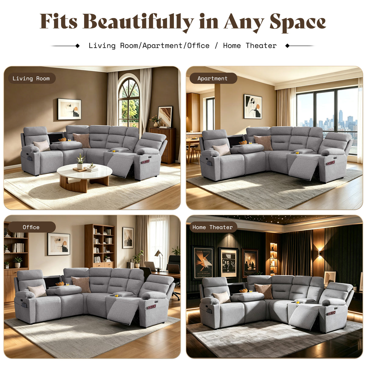 L-Shaped Power Reclining Sectional Sofa with Console-5-Seat L-Shaped-Light Grey