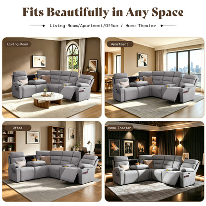 L-Shaped Power Reclining Sectional Sofa with Console-5-Seat L-Shaped-Light Grey