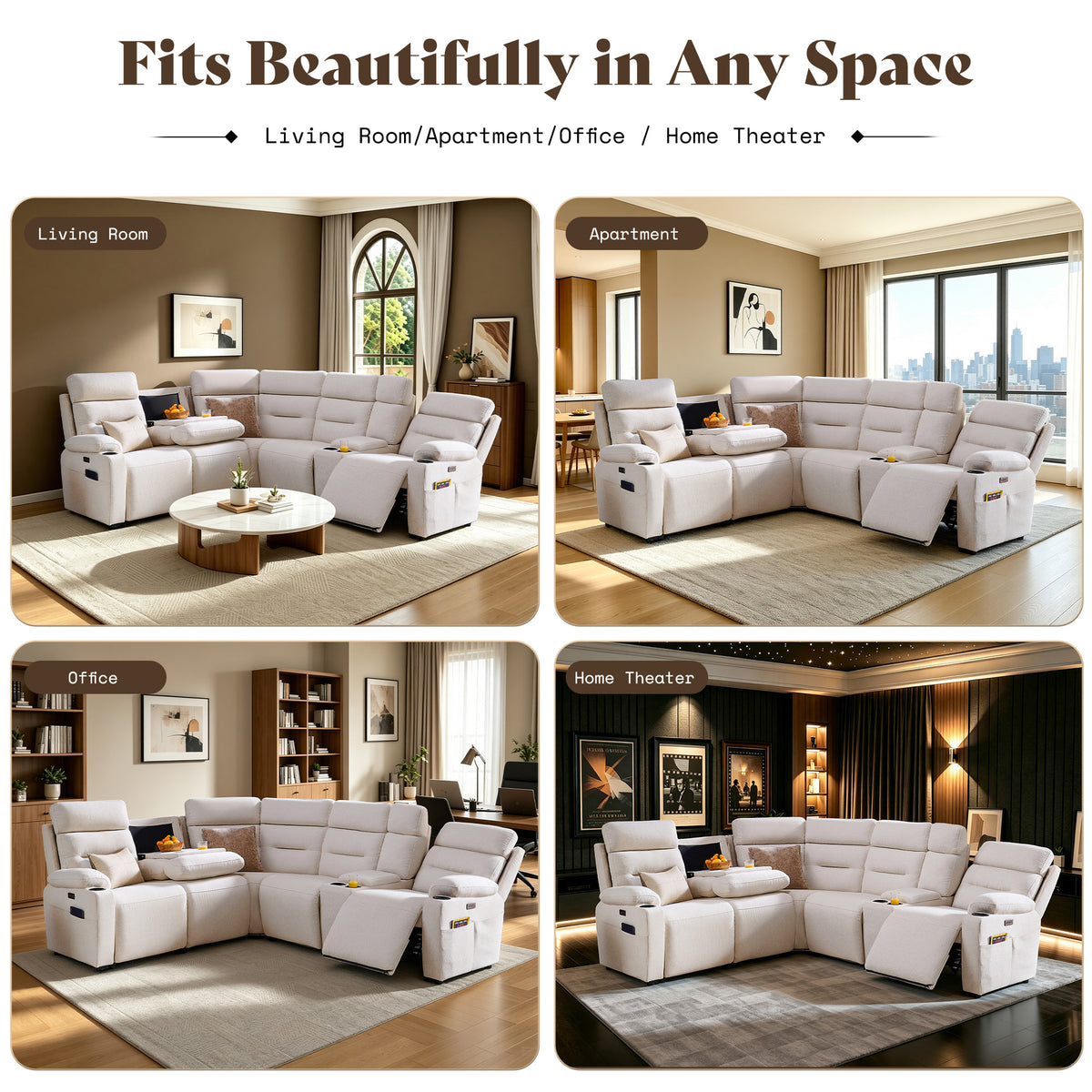 L-Shaped Power Reclining Sectional Sofa with Console-5-Seat L-Shaped-Beige