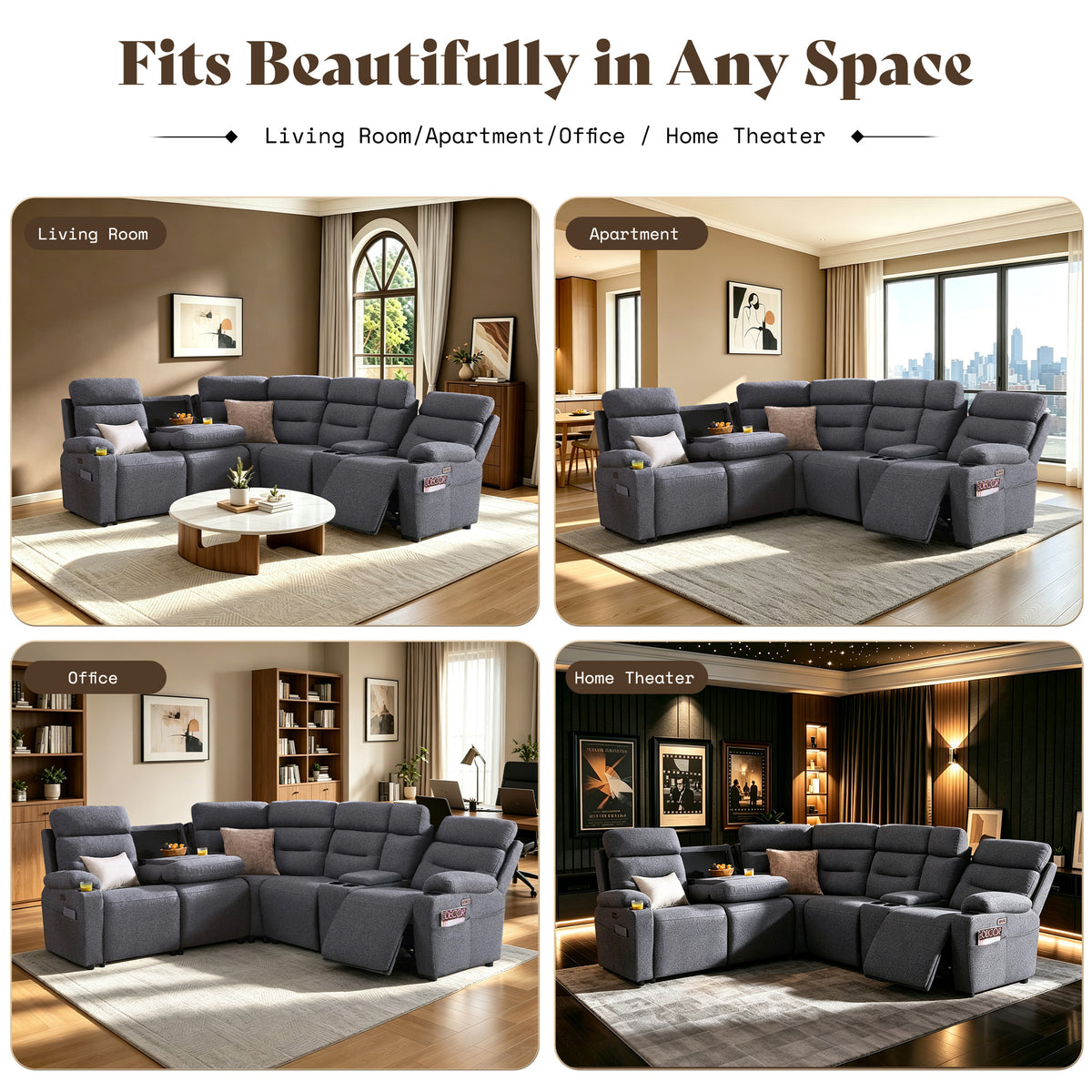 L-Shaped Power Reclining Sectional Sofa with Console-5-Seat L-Shaped-Dark Grey