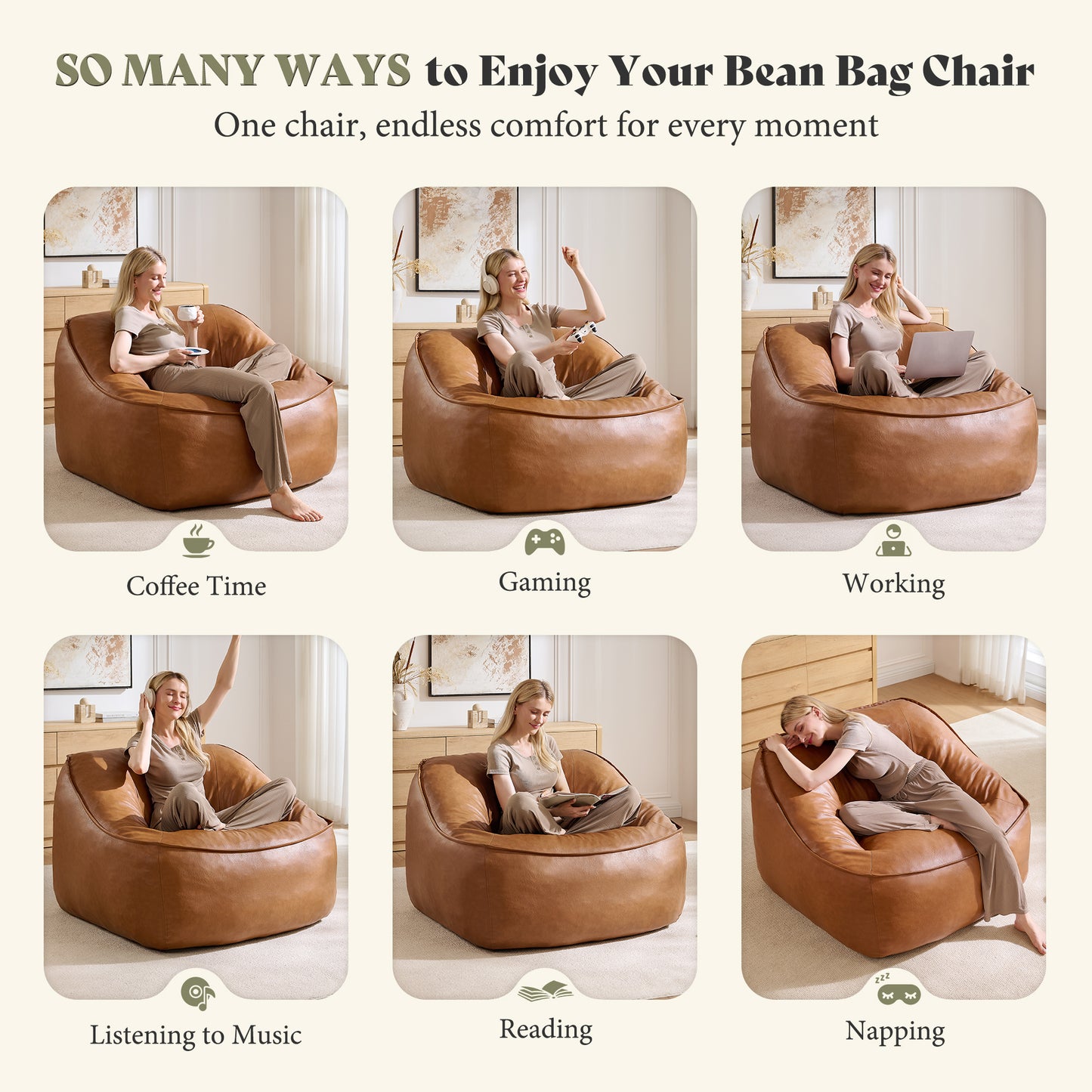 Amerlife Oversized Bean Bag Lounge Chair-Brown Pu