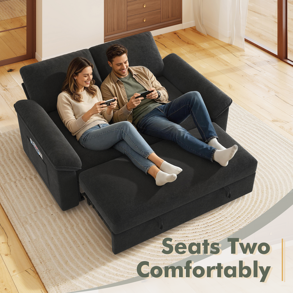 Sleeper Sectional Sofa with Pull Out Bed & Storage-56" | 2-Seater-Black