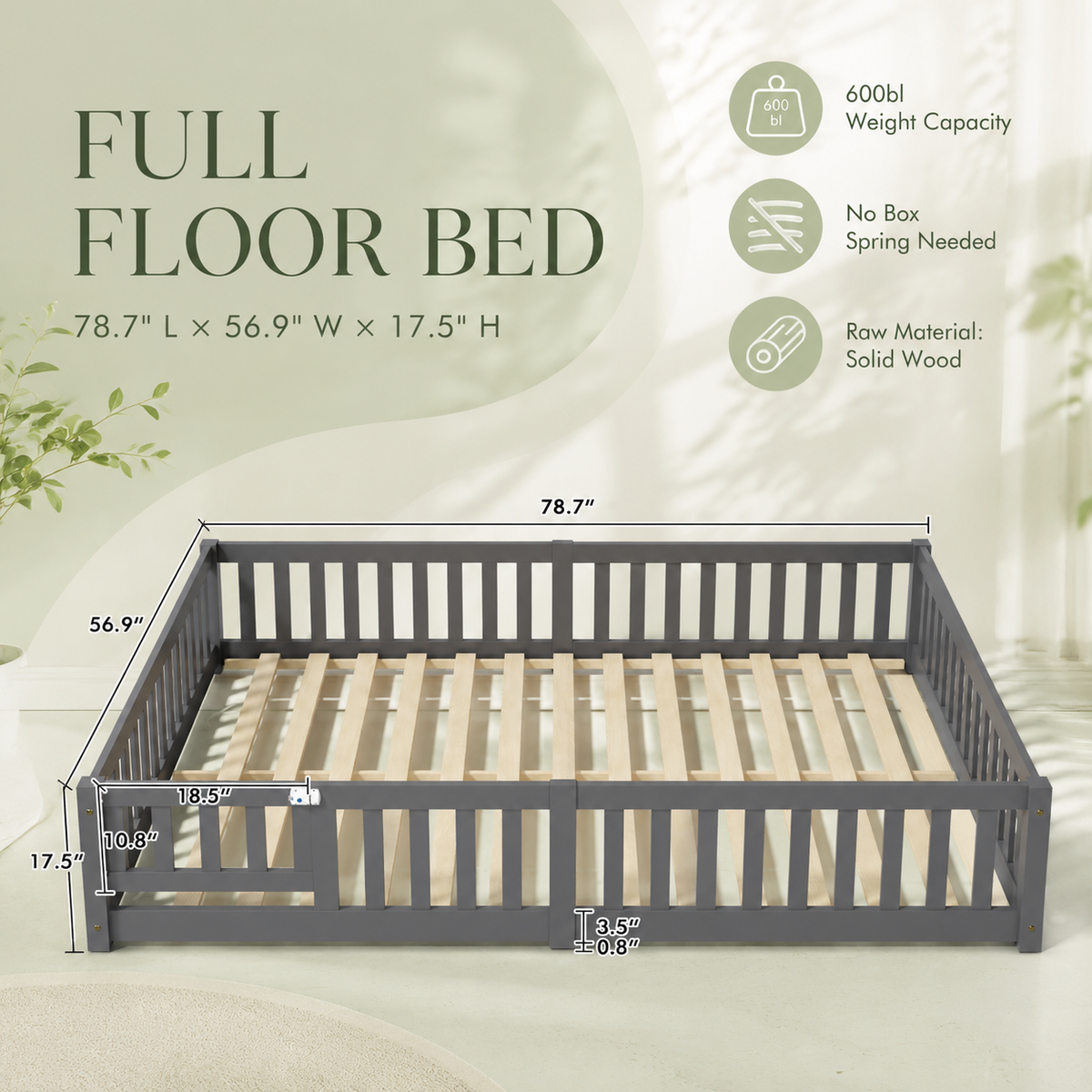 Solid Wood Toddler Floor Bed with Safety Rails