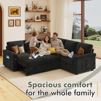 Sleeper Sectional Sofa with Pull Out Bed & Storage-81" | 5-Seater | Fixed backrest-Black