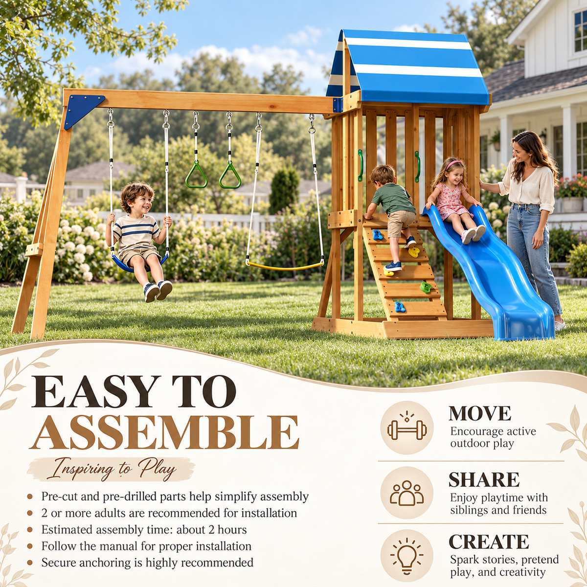 Evertrail Wooden Swing Set with Slide and Climbing Wall-Natural Oak