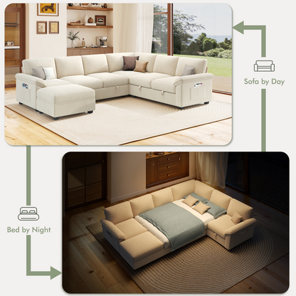 Sleeper Sectional Sofa with Pull Out Bed & Storage-105" | 7-Seater | Fixed backrest-Beige