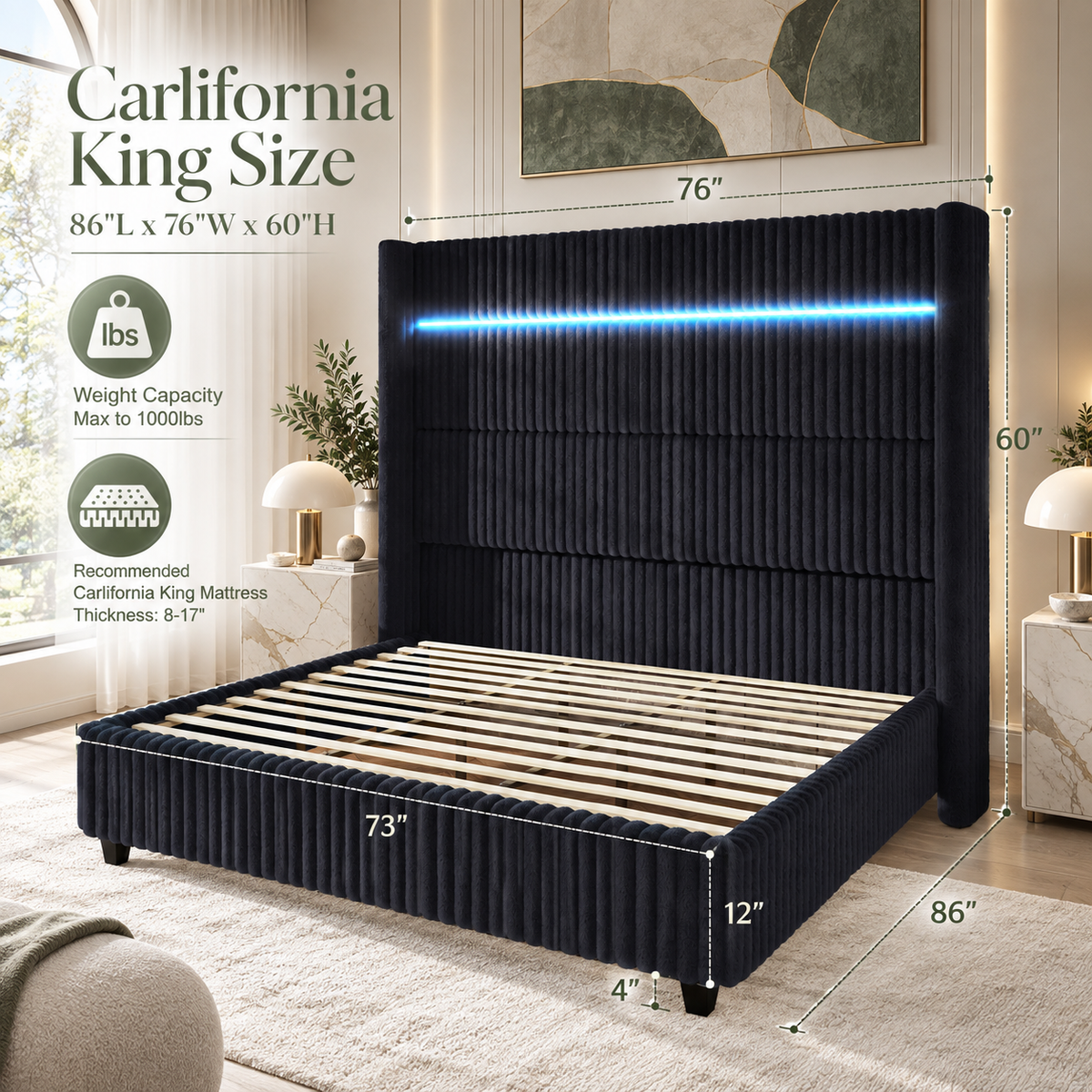 Warren Upholstered Bed Frame with LED Lights-California King-Black