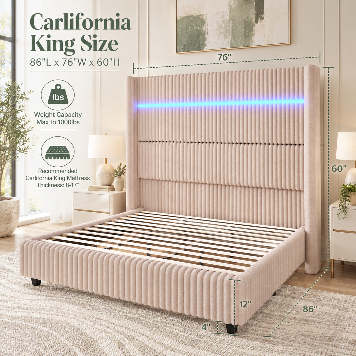 Warren Upholstered Bed Frame with LED Lights-California King-Beige