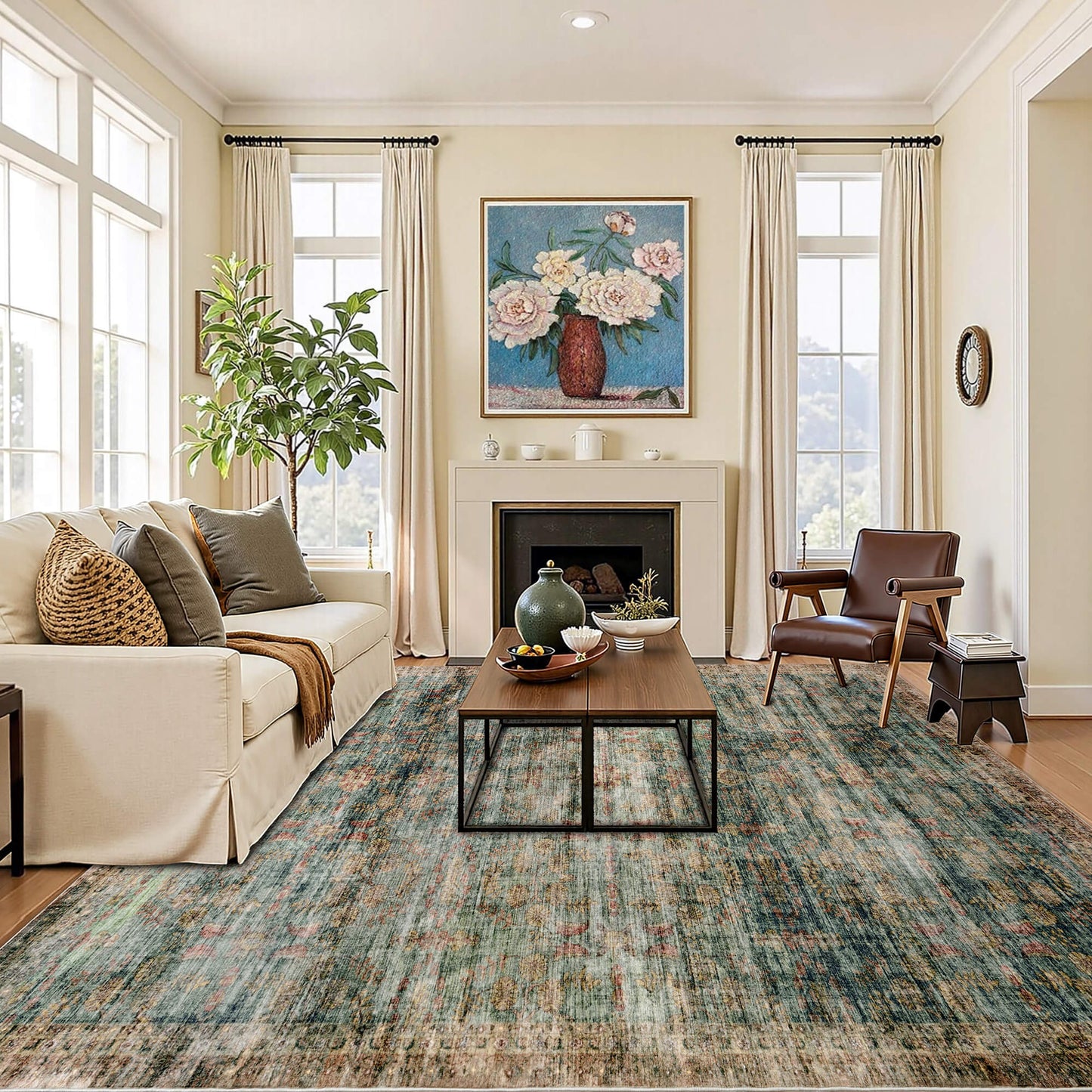 Machine Washable Vintage Area Rug - 9'12'Blue