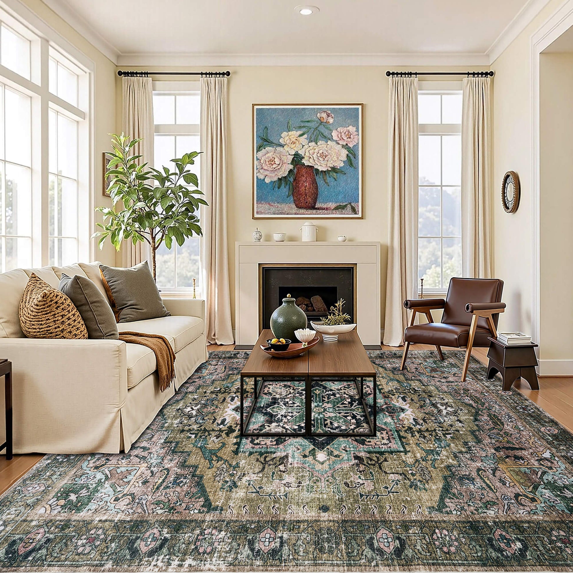 Machine Washable Vintage Area Rug - 9'12'Green