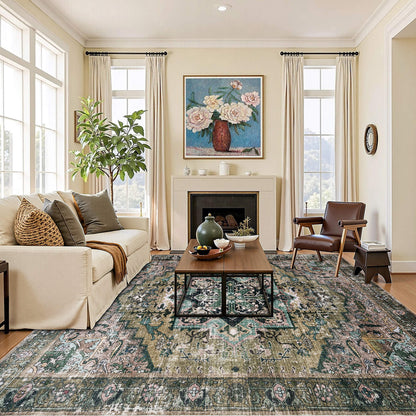 Machine Washable Vintage Area Rug - 9'12'Green