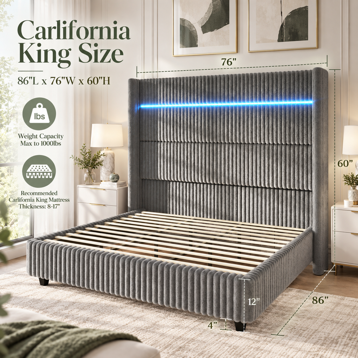Warren Upholstered Bed Frame with LED Lights-California King-Grey