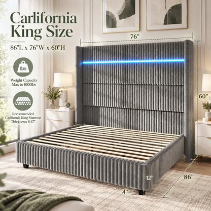 Warren Upholstered Bed Frame with LED Lights-California King-Grey