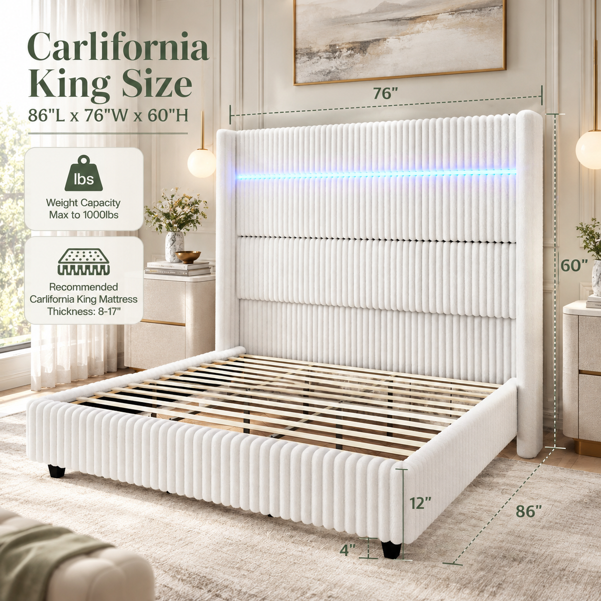 Warren Upholstered Bed Frame with LED Lights-California King-White