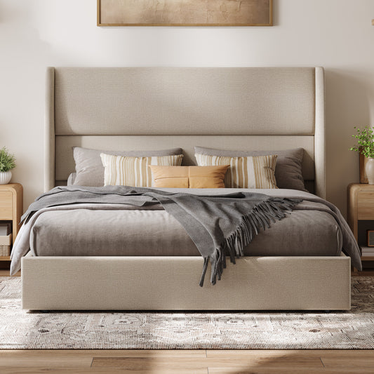 Haven Upholstered Hydraulic Storage Bed Frame-Queen-Khaki
