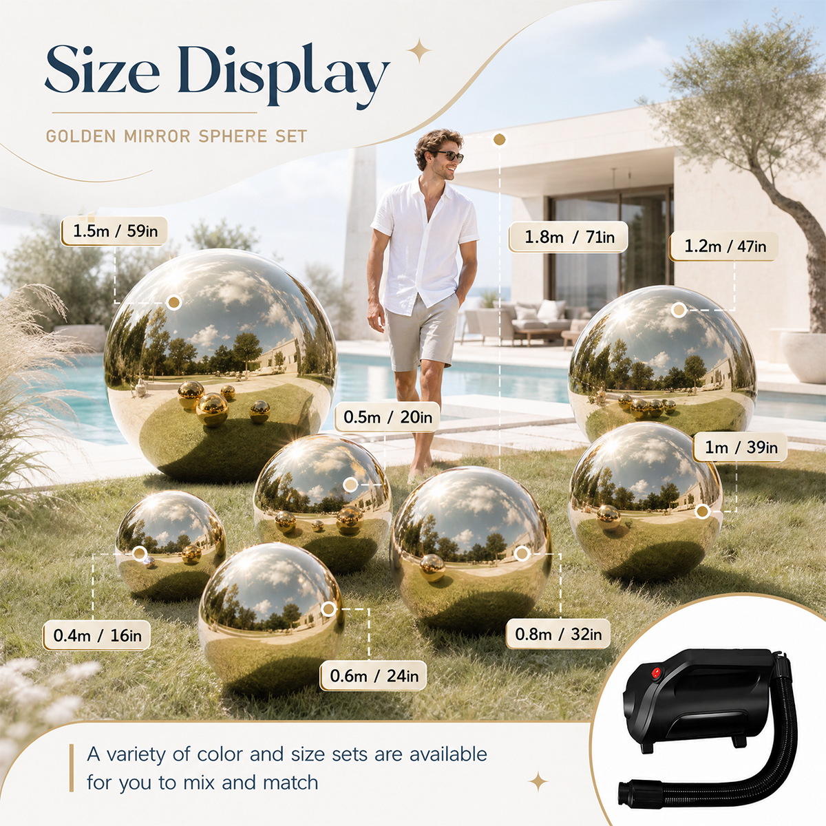 Vibe Reusable Inflatable Mirror Balls for Disco Parties & Events-3PCS-19.7"+31.5"+39.4"-Gold