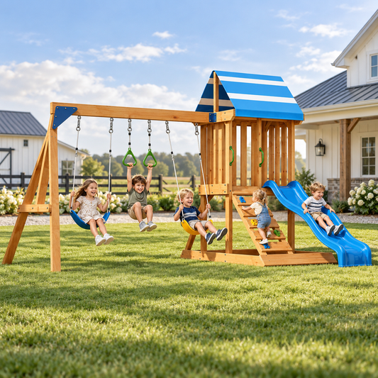 Evertrail Wooden Swing Set with Slide and Climbing Wall-Natural Oak