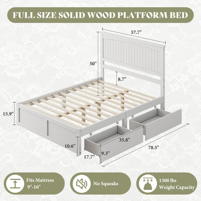 Solid Wood Platform Bed Frame-Full-Coastal White