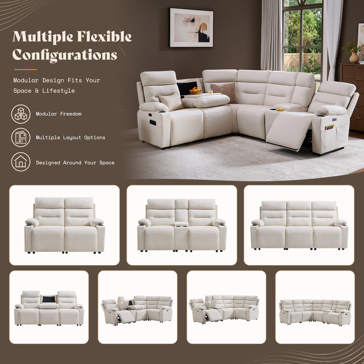 L-Shaped Power Reclining Sectional Sofa with Console-5-Seat L-Shaped-Beige
