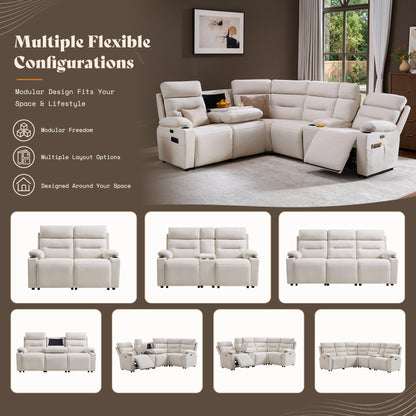 L-Shaped Power Reclining Sectional Sofa with Console-5-Seat L-Shaped-Beige