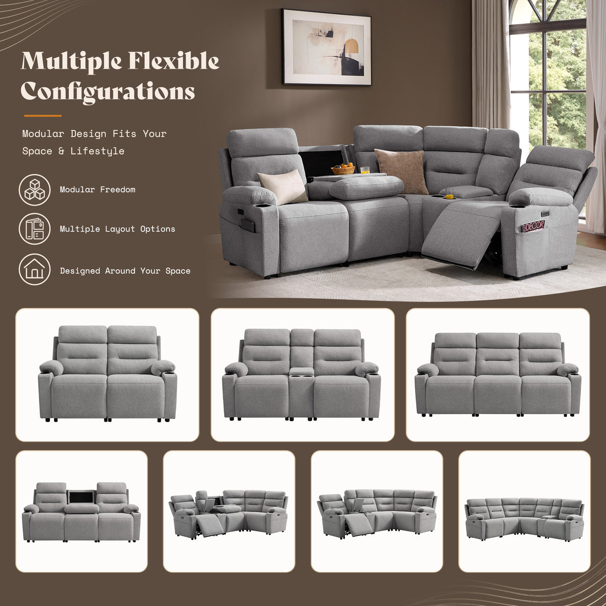 L-Shaped Power Reclining Sectional Sofa with Console-5-Seat L-Shaped-Light Grey