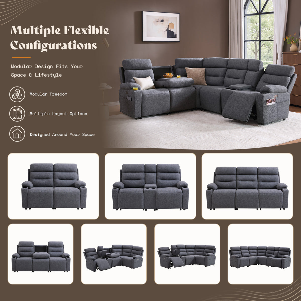 L-Shaped Power Reclining Sectional Sofa with Console-5-Seat L-Shaped-Dark Grey