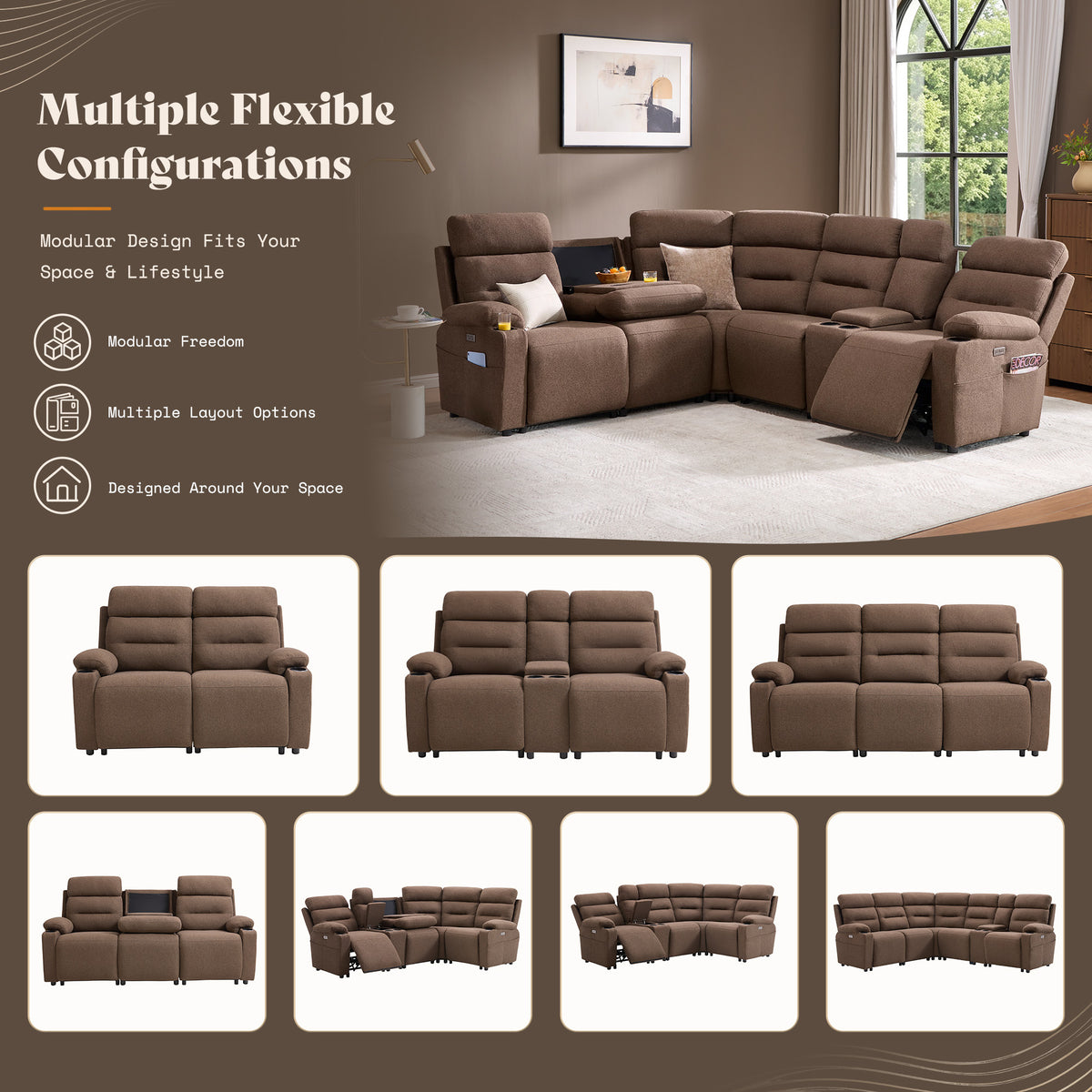 L-Shaped Power Reclining Sectional Sofa with Console-5-Seat L-Shaped-Brown