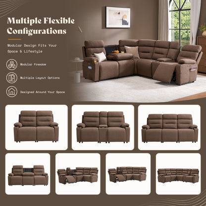 L-Shaped Power Reclining Sectional Sofa with Console-5-Seat L-Shaped-Brown