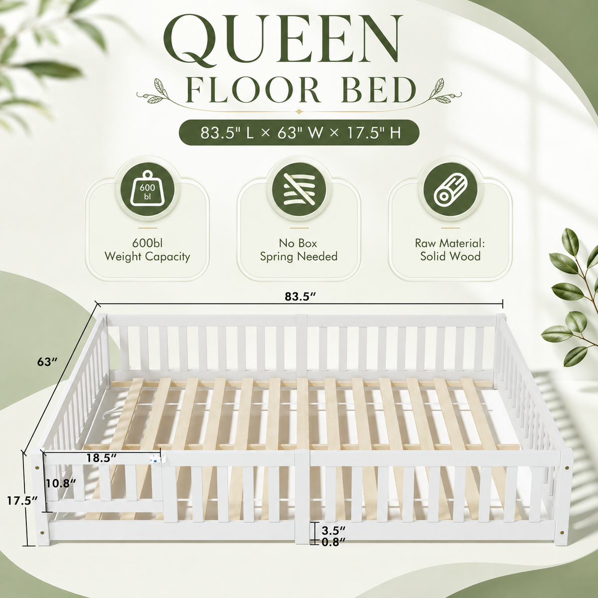 Solid Wood Toddler Floor Bed with Safety Rails