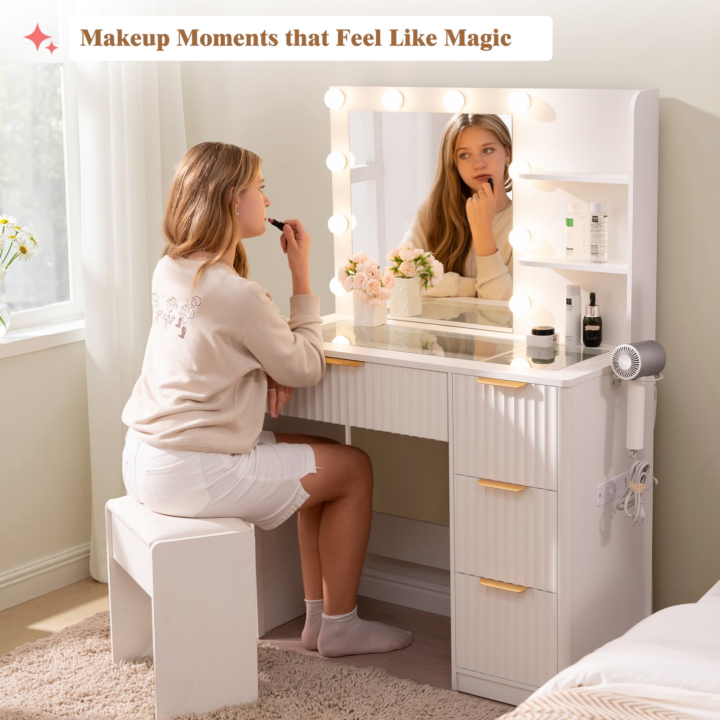 Glow 36.2" Fluted Vanity Desk Amerlife White