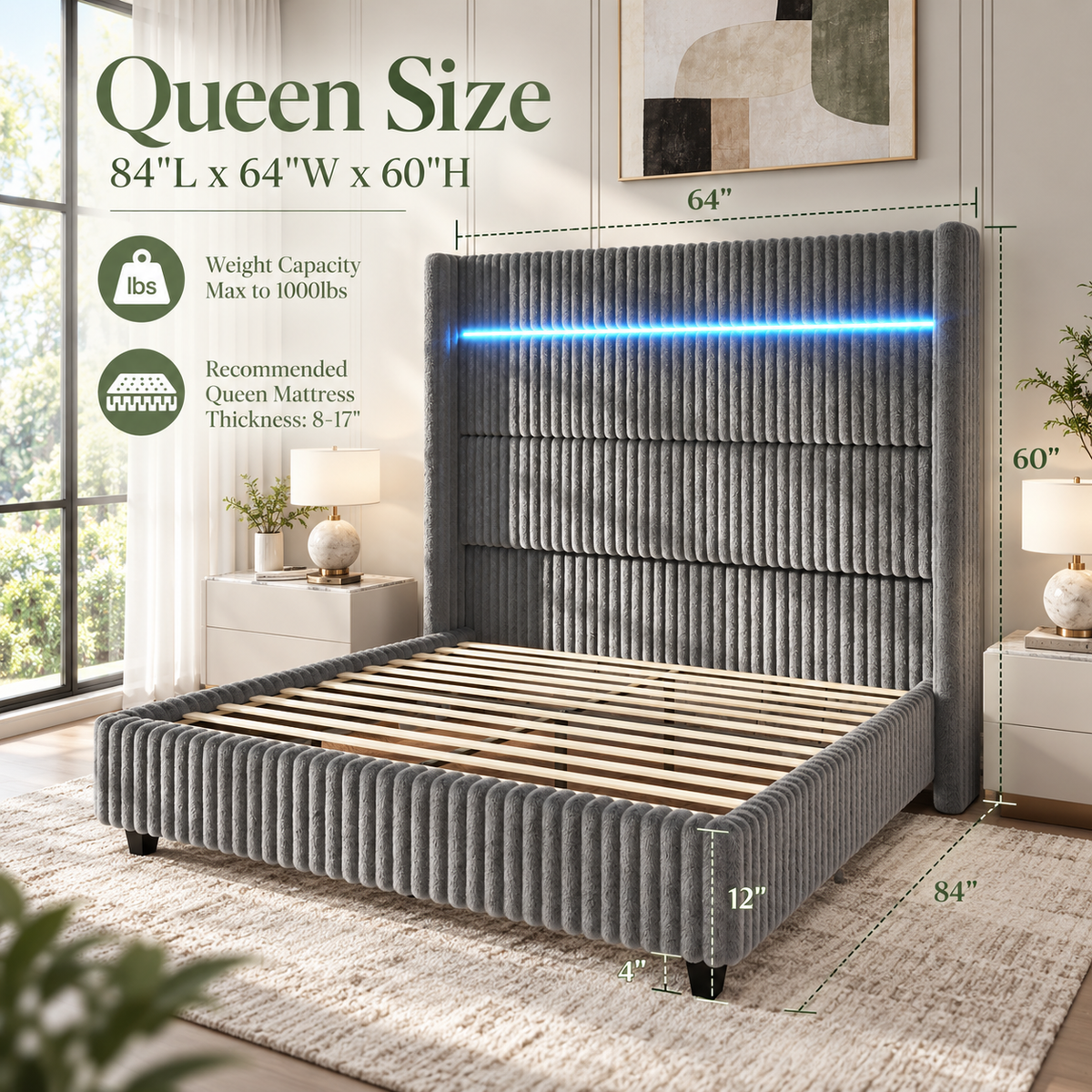 Warren Upholstered Bed Frame with LED Lights-Queen-Grey