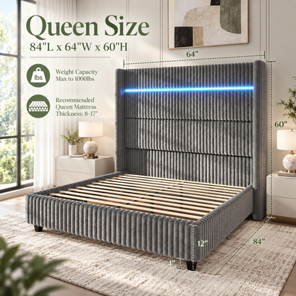 Warren Upholstered Bed Frame with LED Lights-Queen-Grey