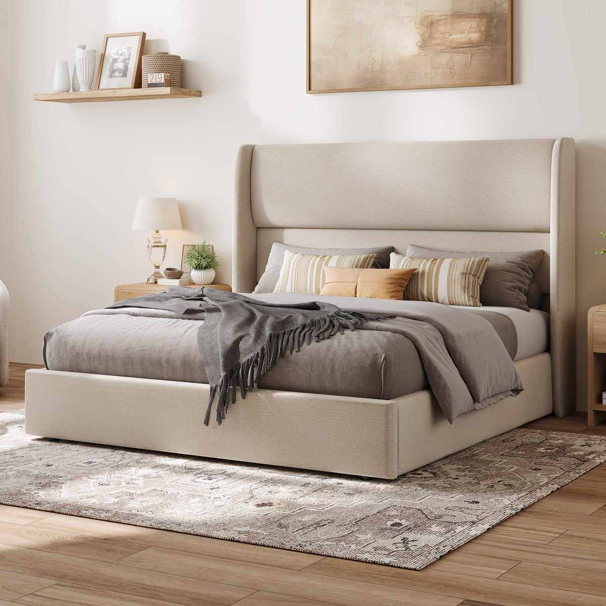 Haven Upholstered Hydraulic Storage Bed Frame-King-Khaki
