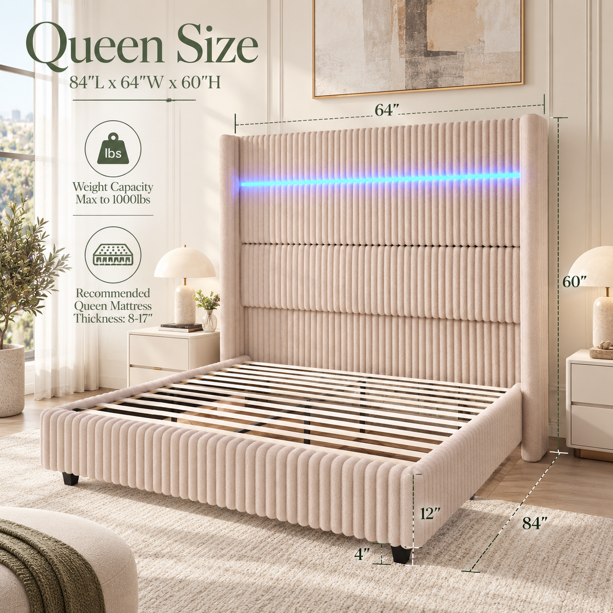 Warren Upholstered Bed Frame with LED Lights-Queen-Beige