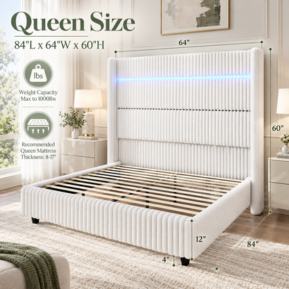 Warren Upholstered Bed Frame with LED Lights-Queen-White