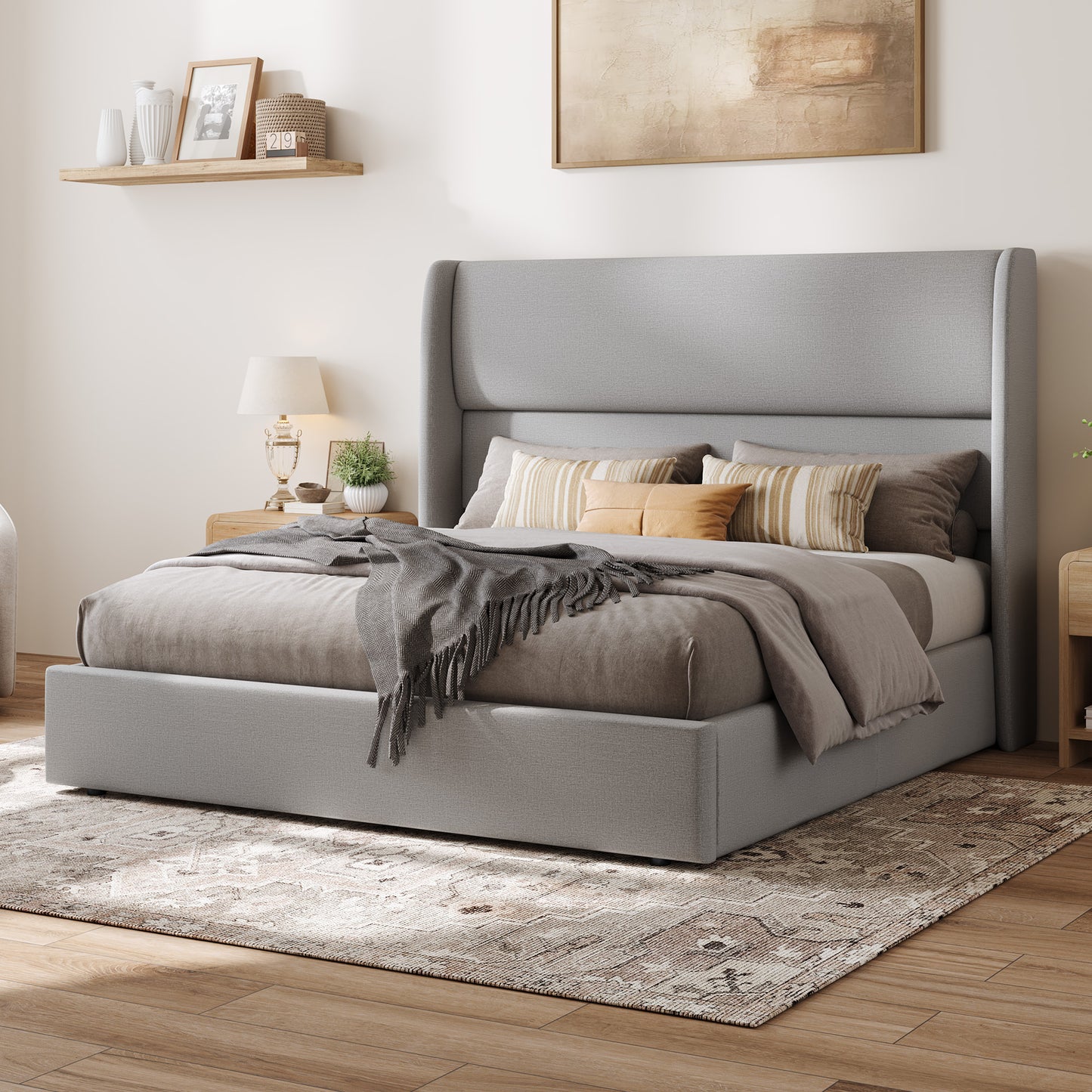 Haven Upholstered Hydraulic Storage Bed Frame-Queen-Light Grey