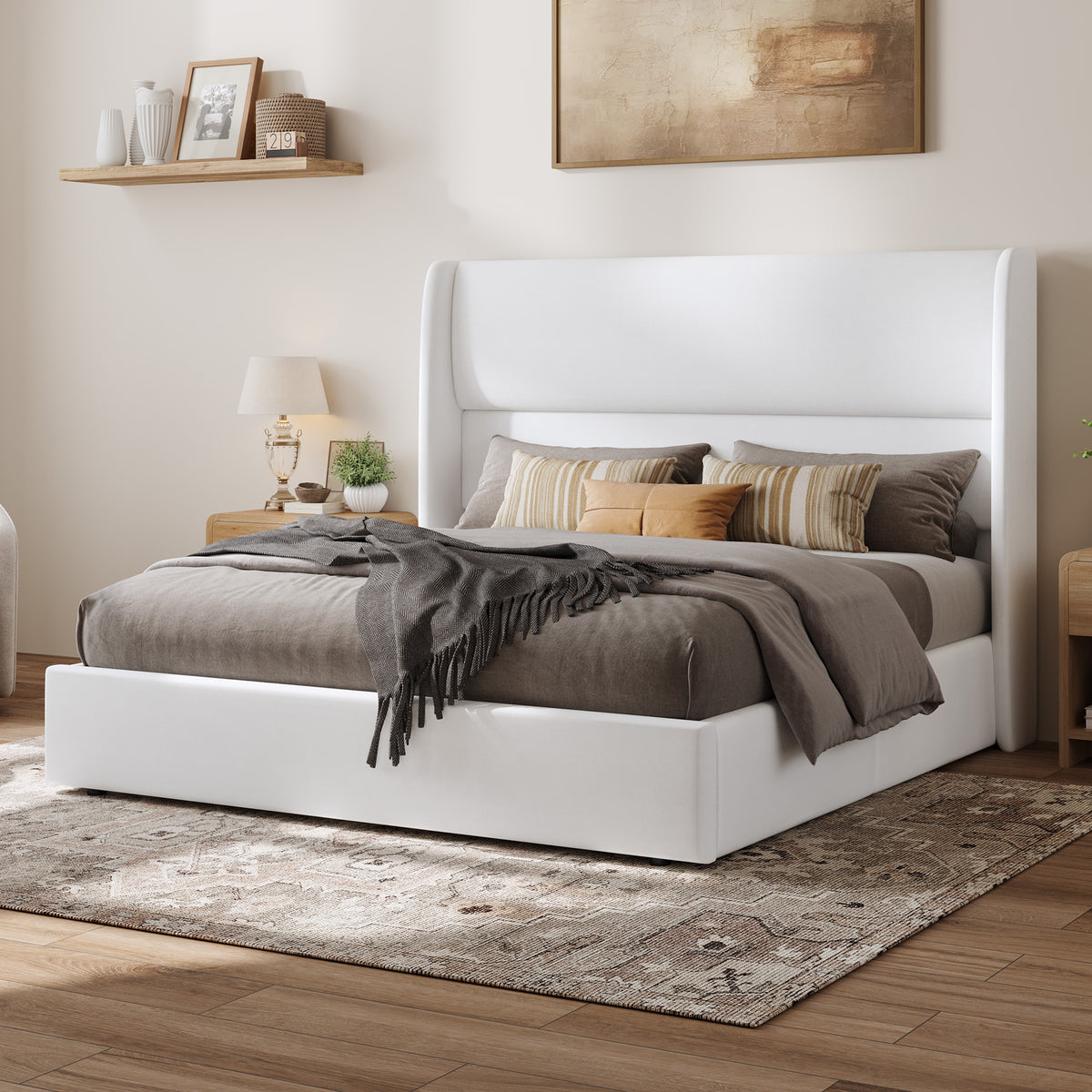Haven Upholstered Hydraulic Storage Bed Frame-Queen-White