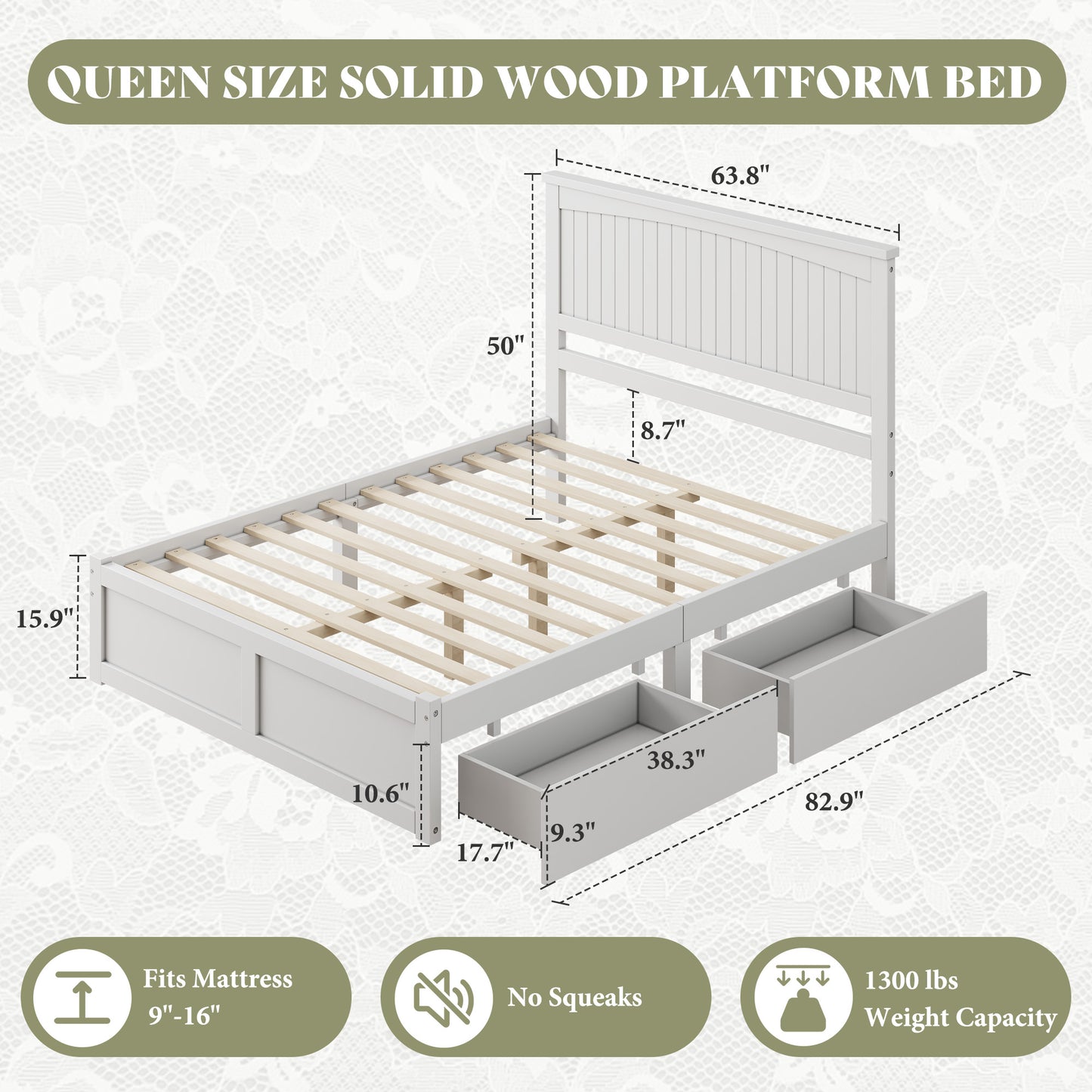 Solid Wood Platform Bed Frame-Queen-Coastal White