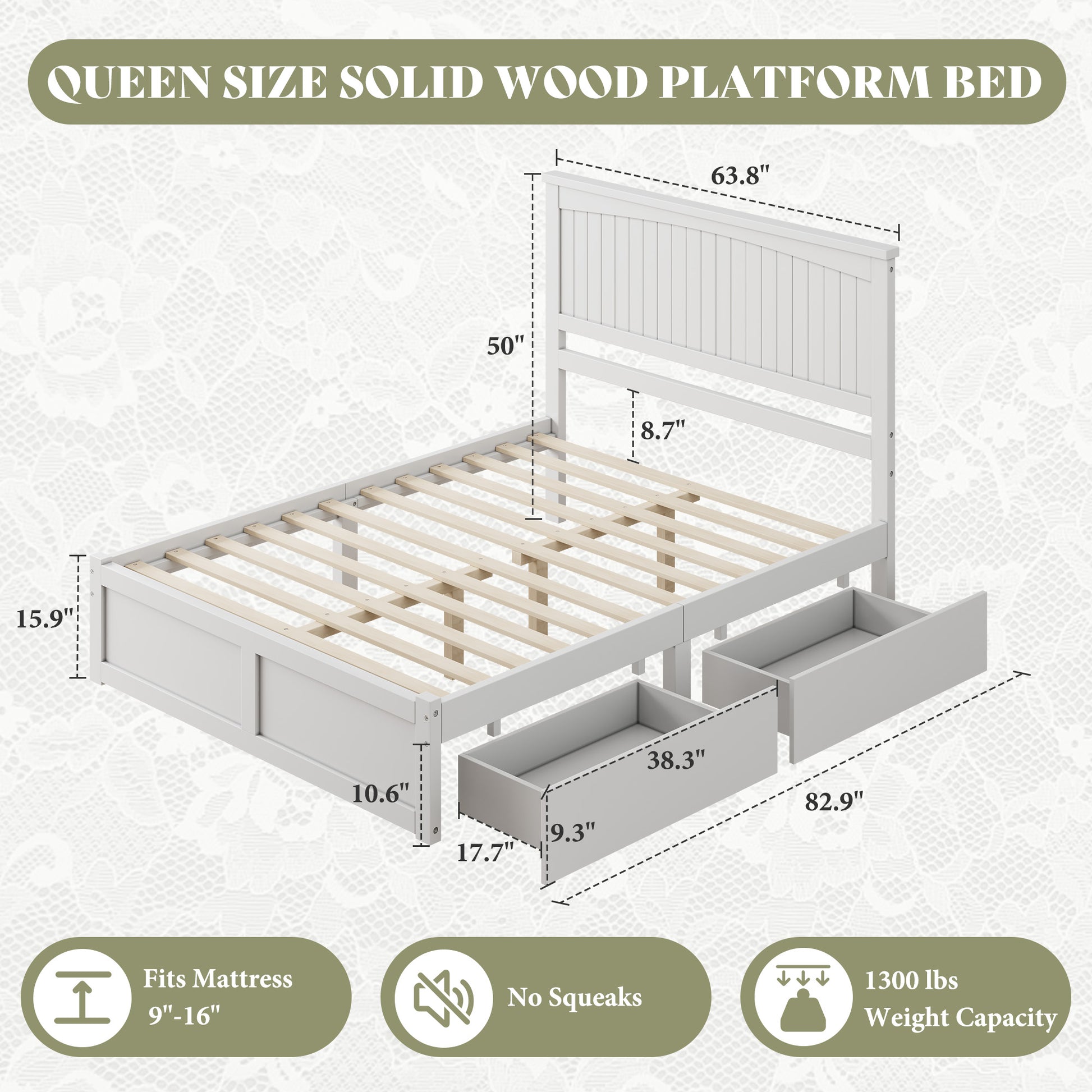 Solid Wood Platform Bed Frame-Queen-Coastal White