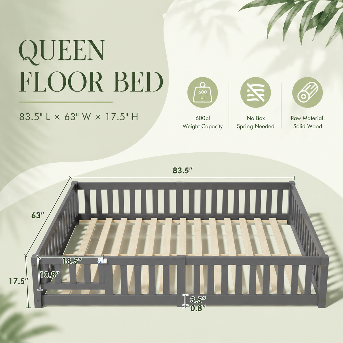 Solid Wood Toddler Floor Bed with Safety Rails