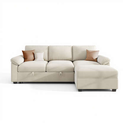 Sleeper Sectional Sofa with Pull Out Bed & Storage-81" | 3-Seater | Fixed backrest-Beige
