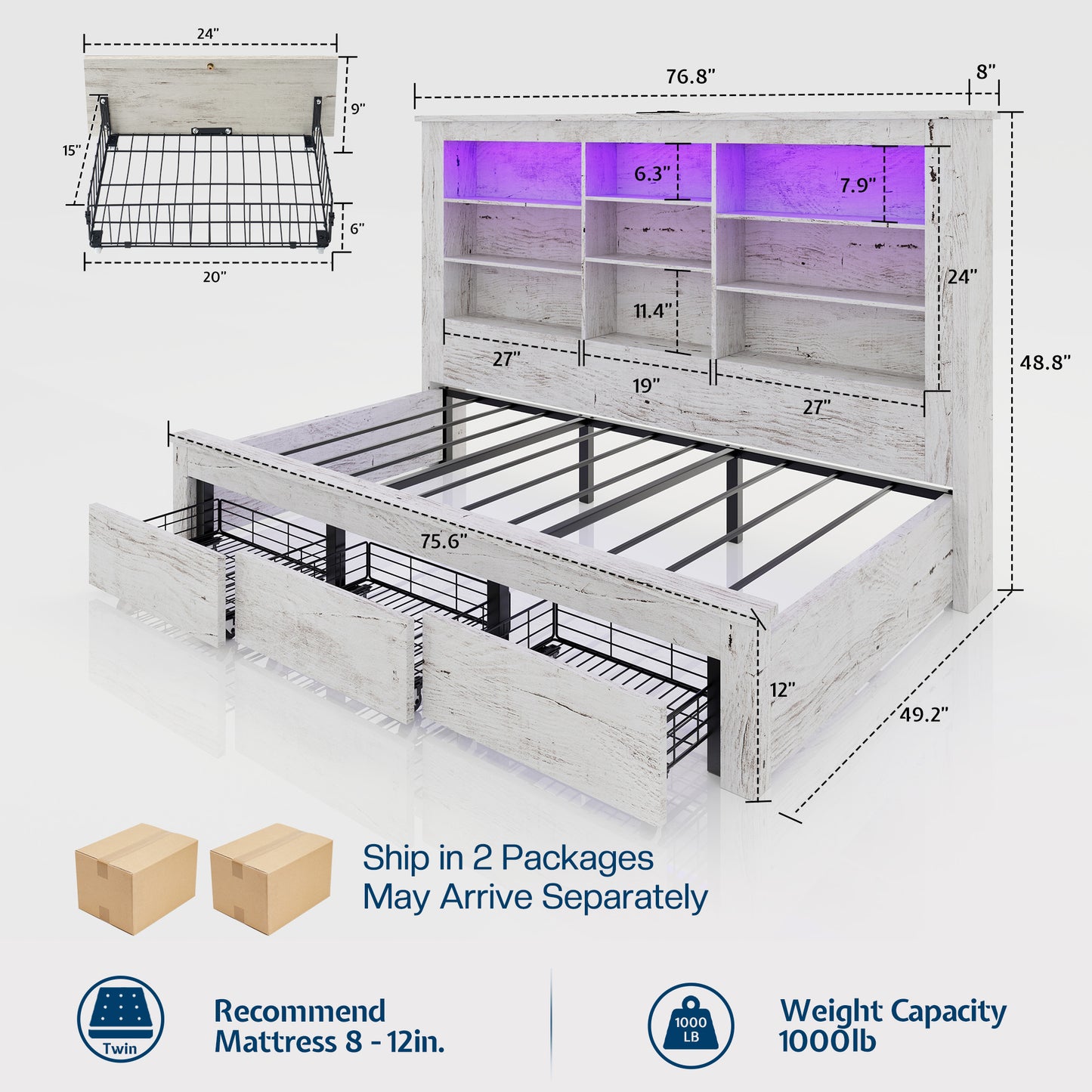 Beam Bed Frame Amerlife Twin / White