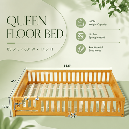 Solid Wood Toddler Floor Bed with Safety Rails