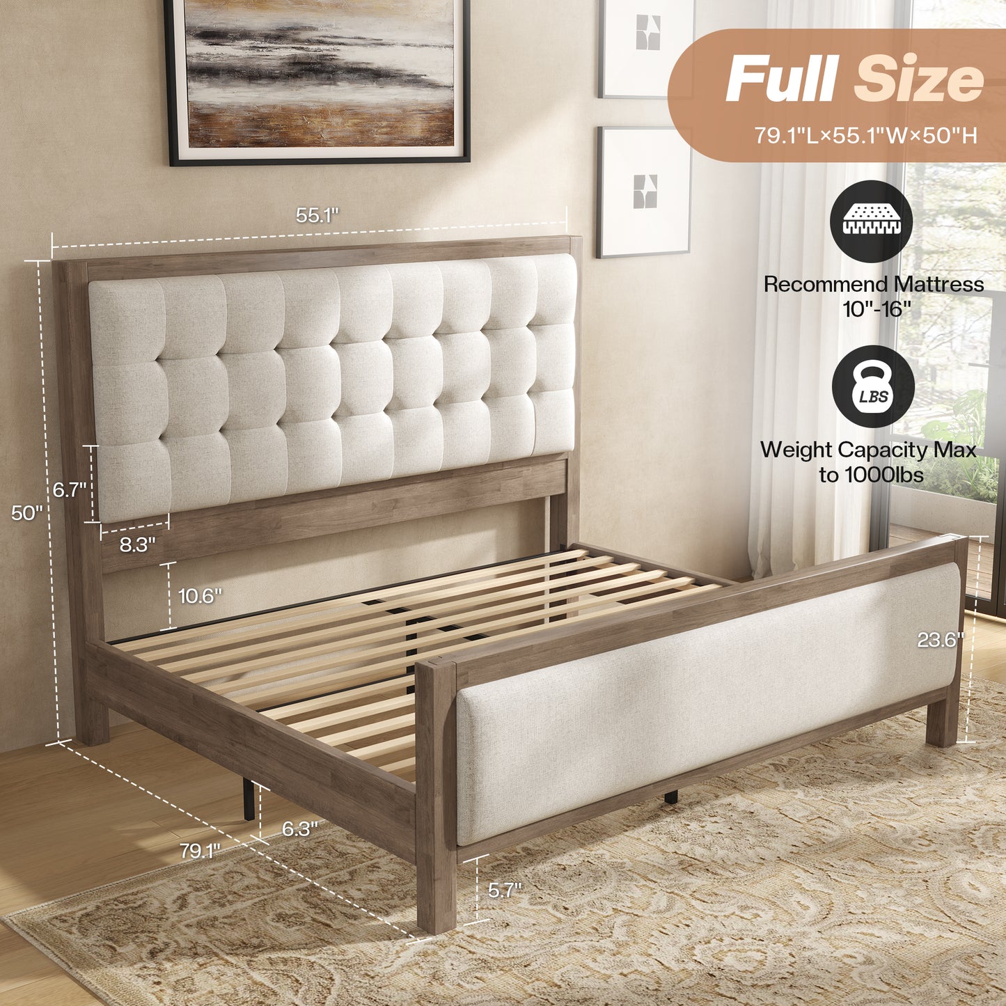 Solid Wood Bed Frame Amerlife Full / Grey
