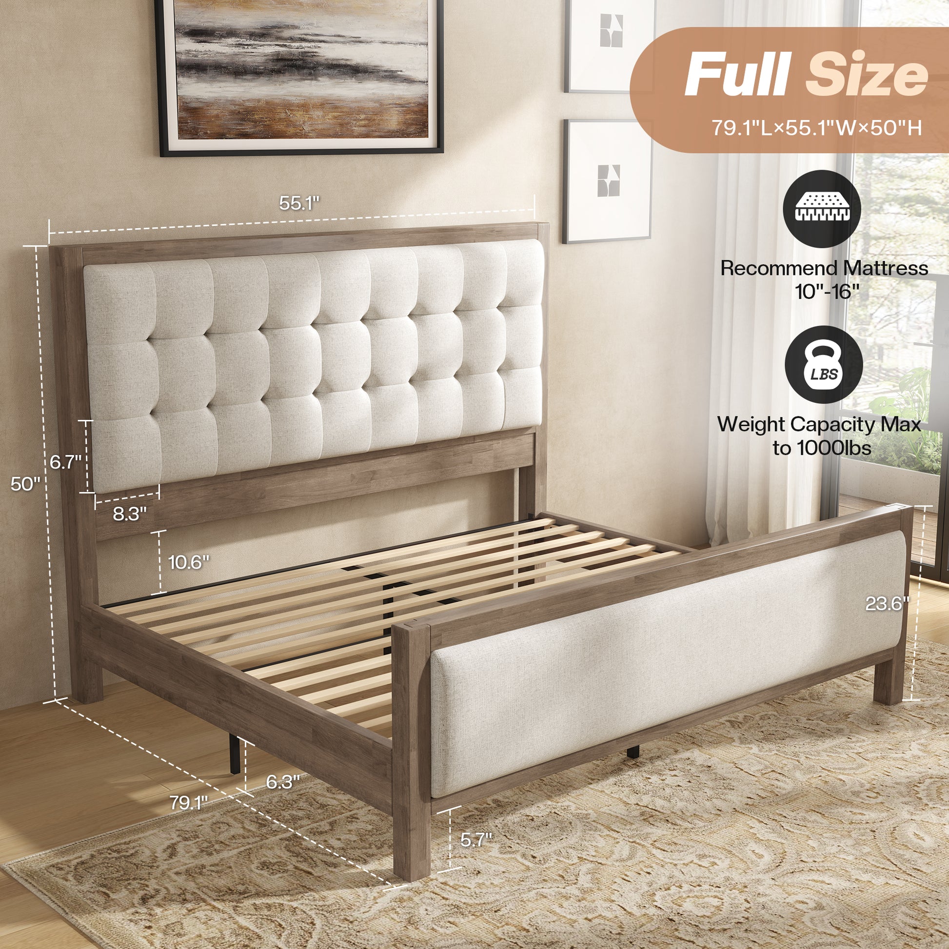 Solid Wood Bed Frame Amerlife Full / Grey