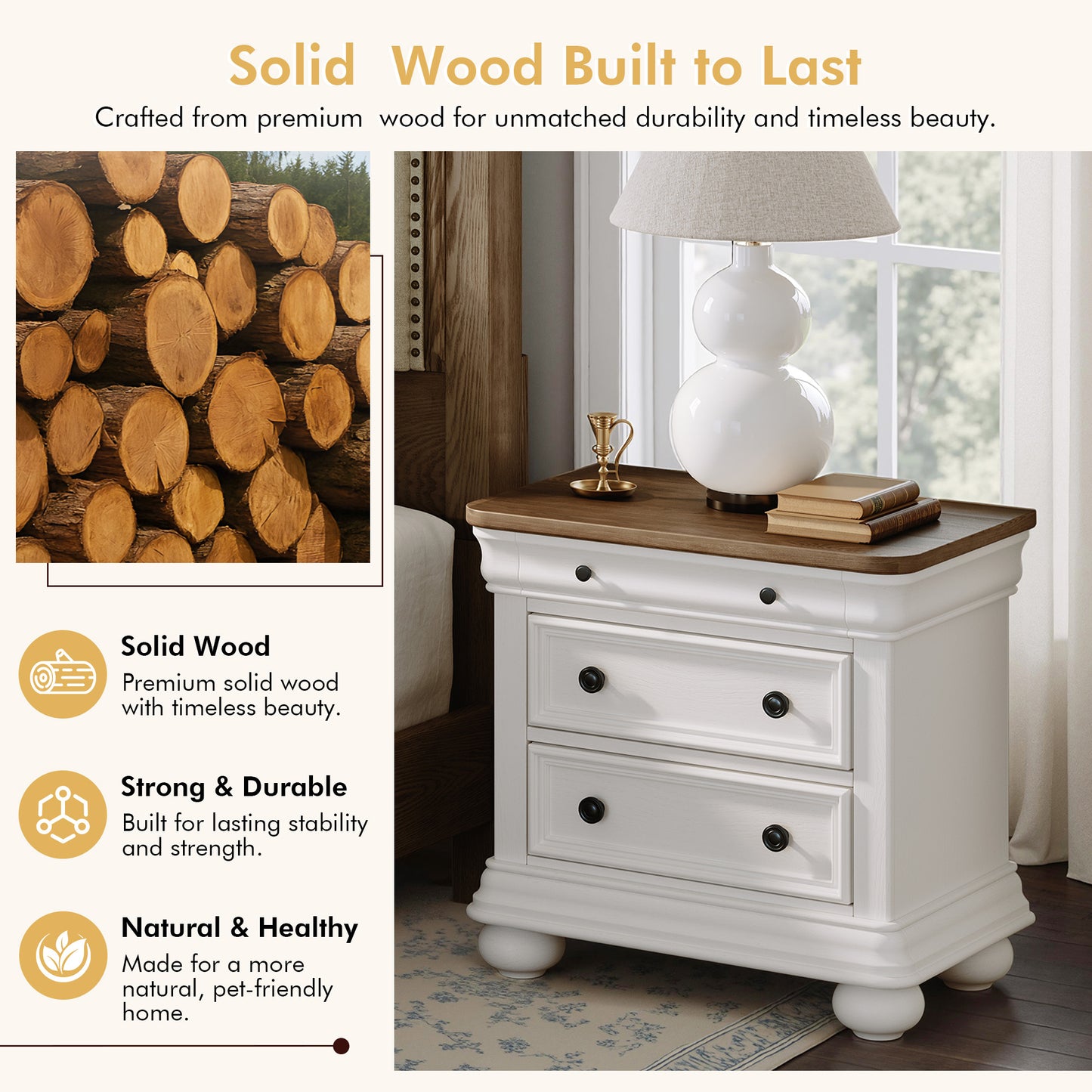 Bun Fully Assembly Wood Nightstand Amerlife White ＆Brown / 26" W