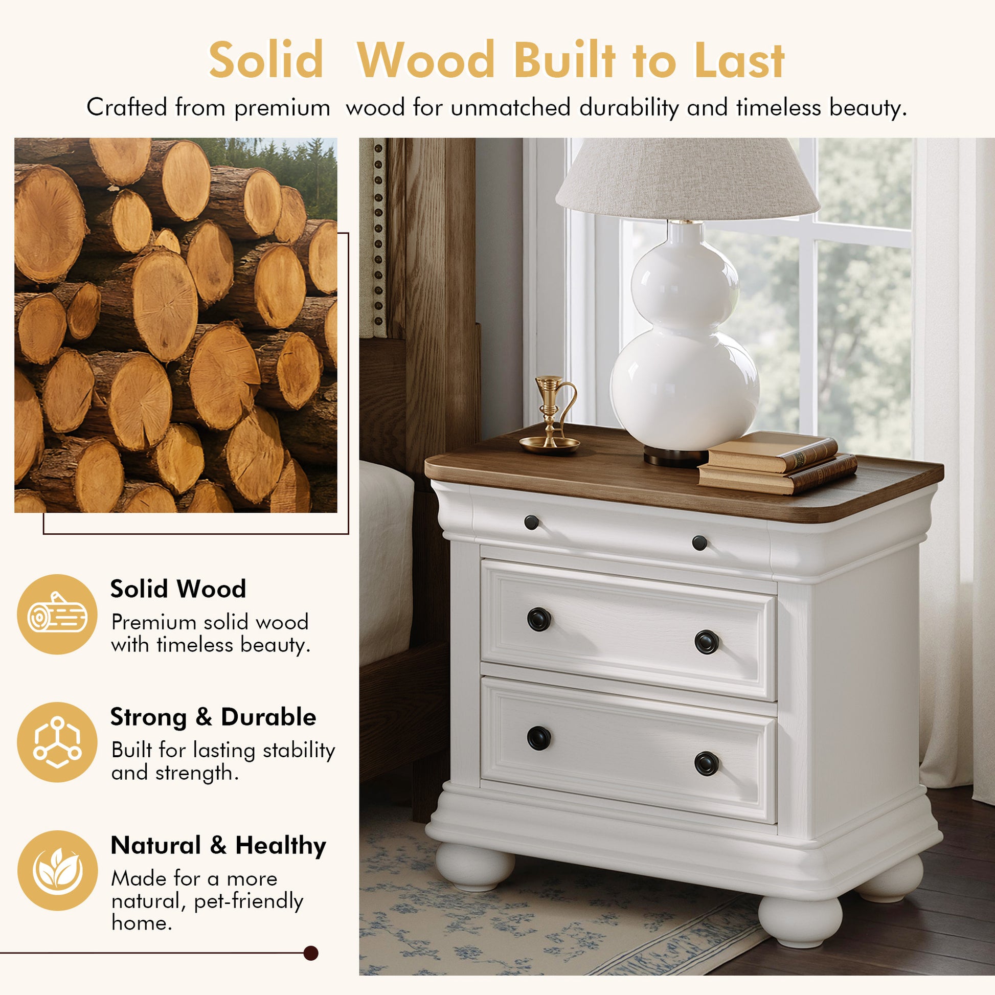 Bun Fully Assembly Wood Nightstand Amerlife White ＆Brown / 26" W