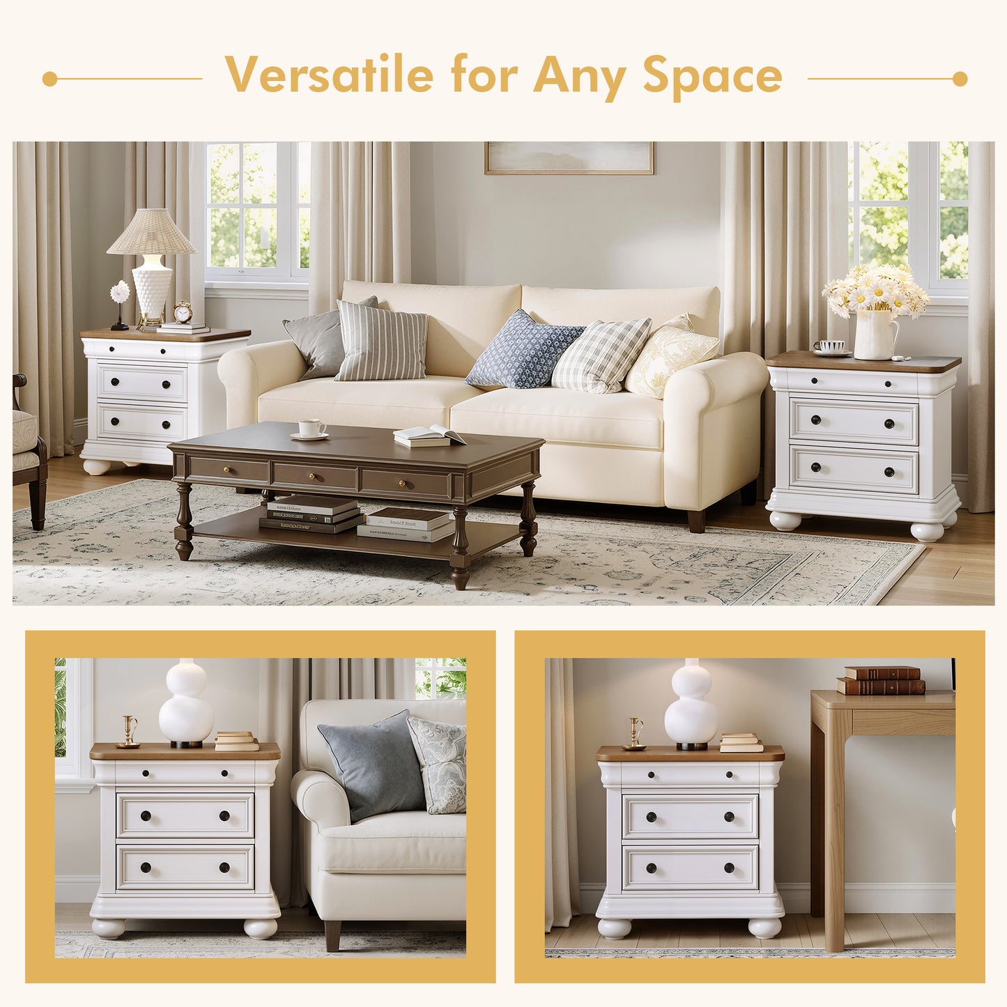 Bun Fully Assembly Wood Nightstand Amerlife White ＆Brown / 26" W