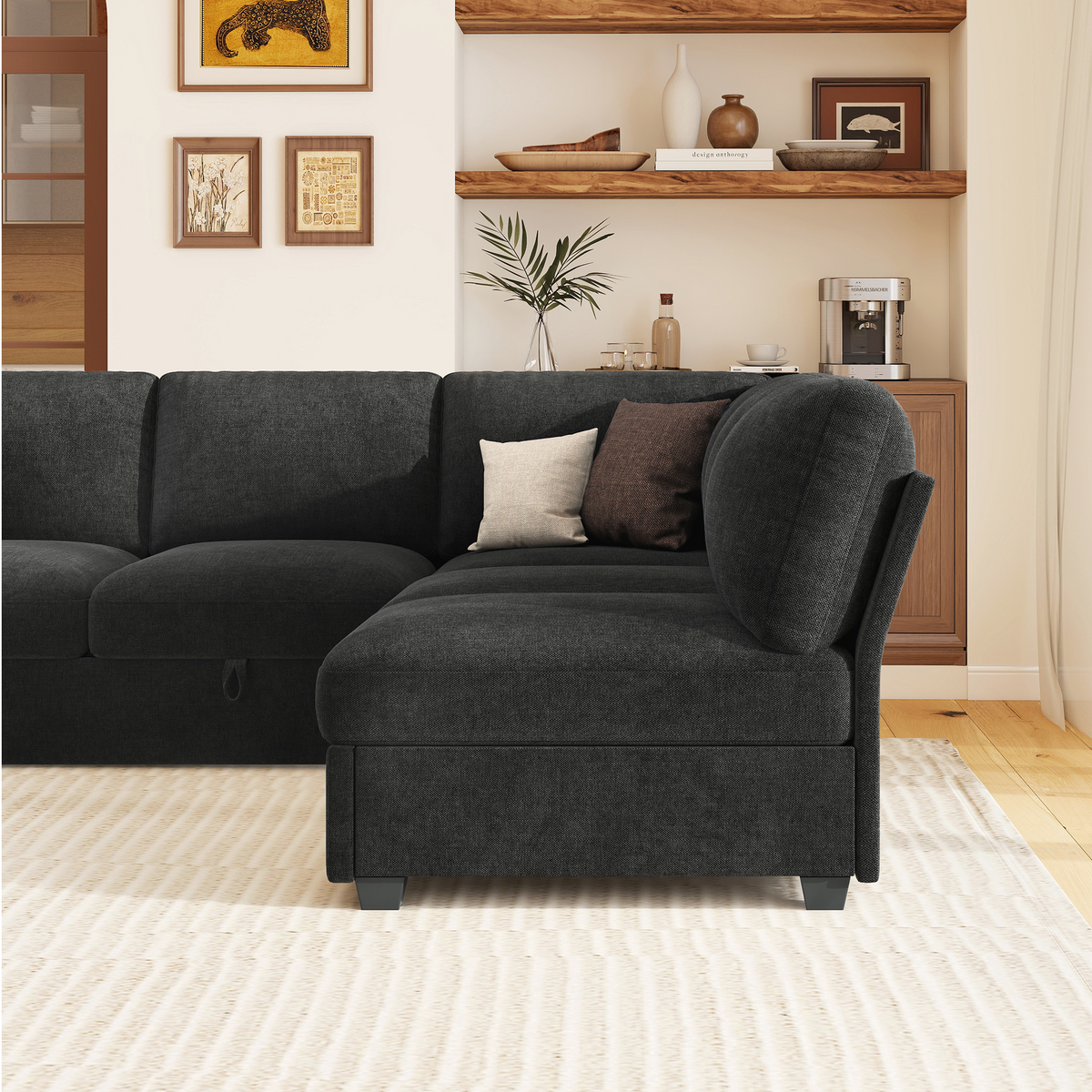 Sleeper Sectional Sofa with Pull Out Bed & Storage-105" | 7-Seater-Black